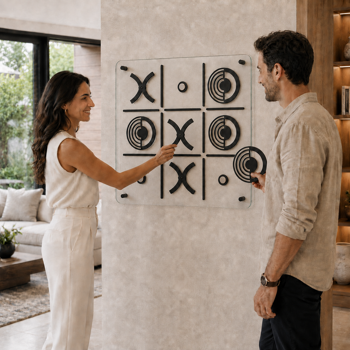 Vitreous Cam Tic Tac Toe Siyah, manyetik X ve O taşları detayı