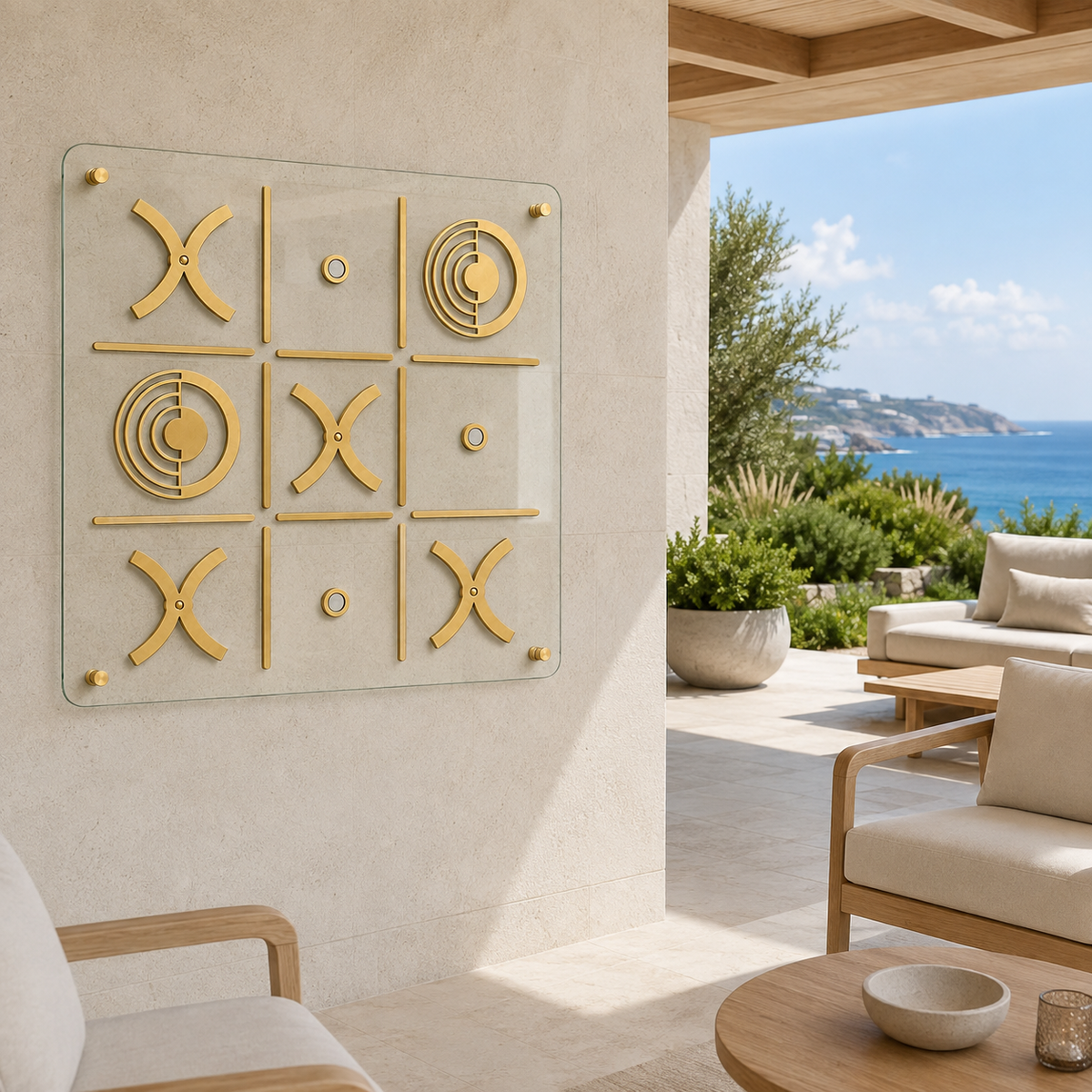 Vitreous Cam Tic Tac Toe Gold, manyetik X ve O taşları detayı