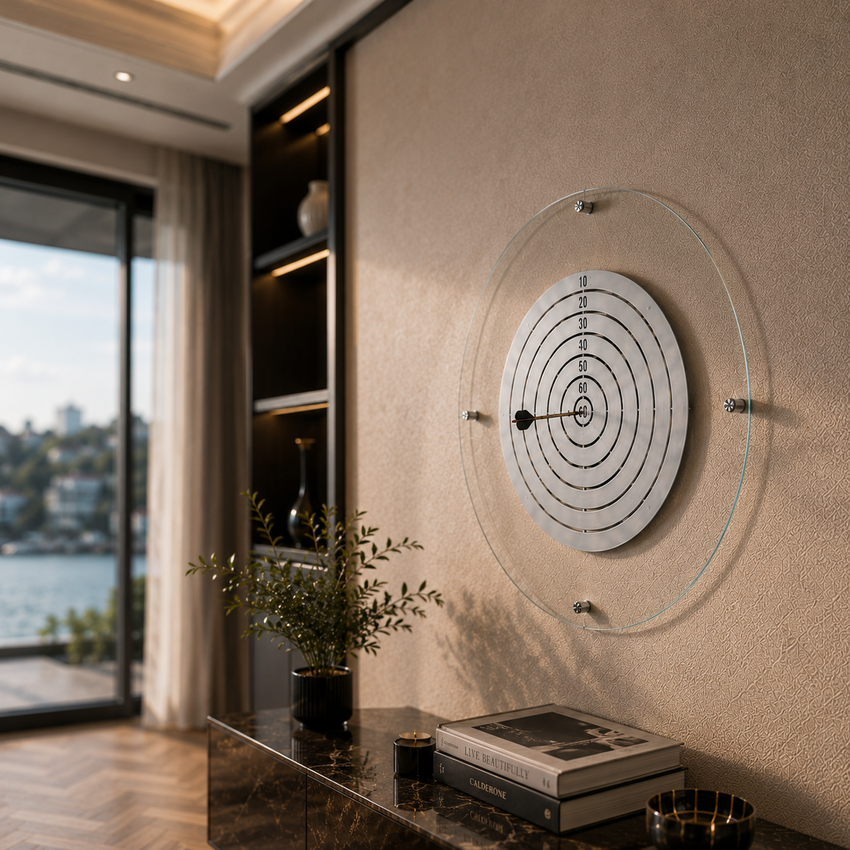 Manyetik Cam DartBoard Gümüş, üstten görünüm