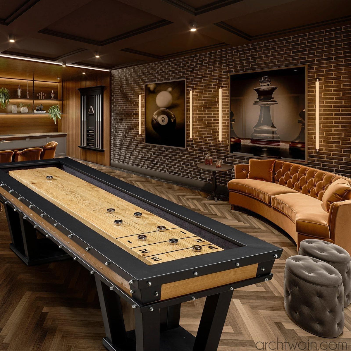 Siyah shuffleboard masası, yakın görünüm