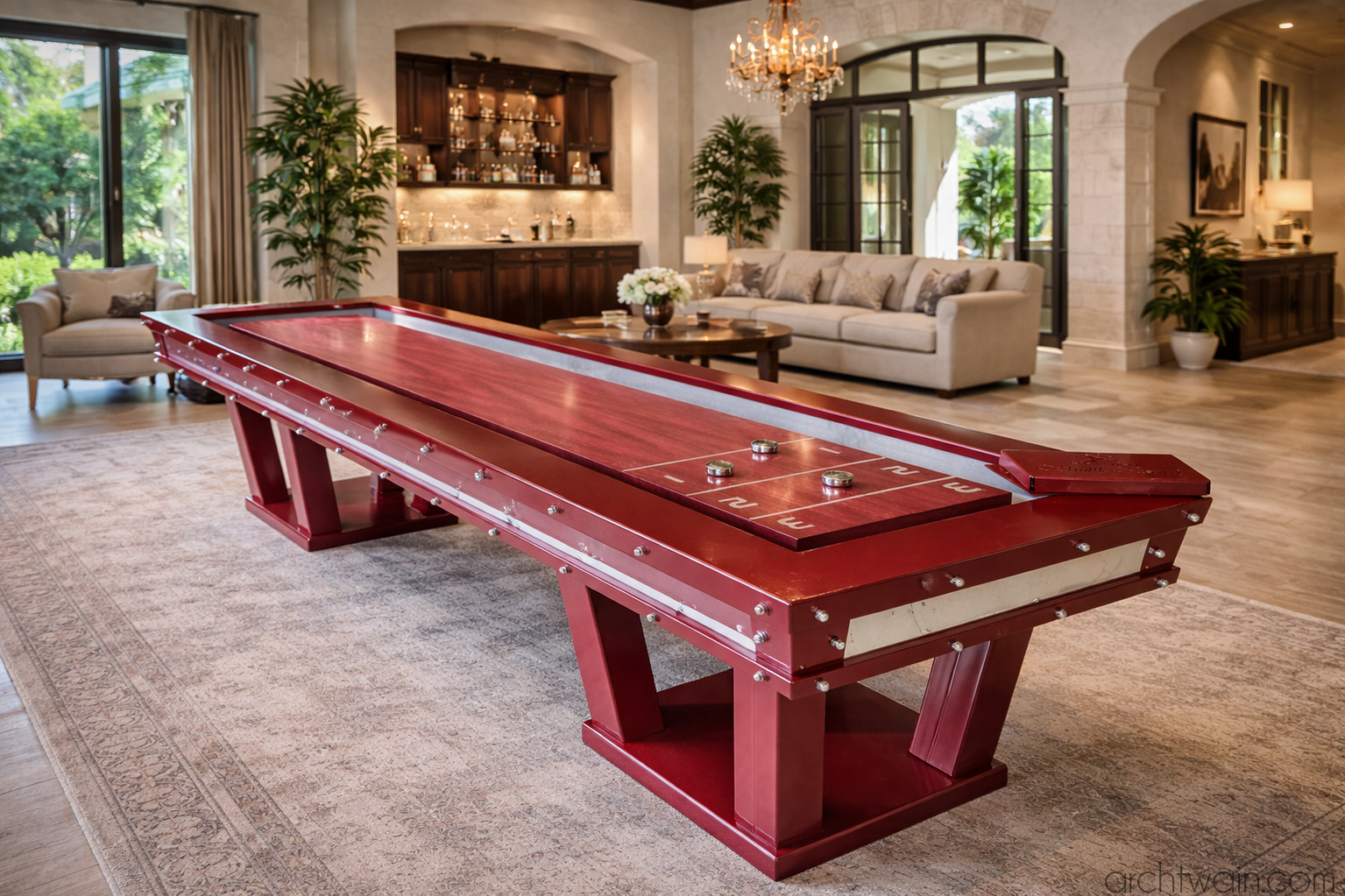 Purple Royale Grand Shuffleboard, geniş bir salon ve bar alanında konumlandırılmış