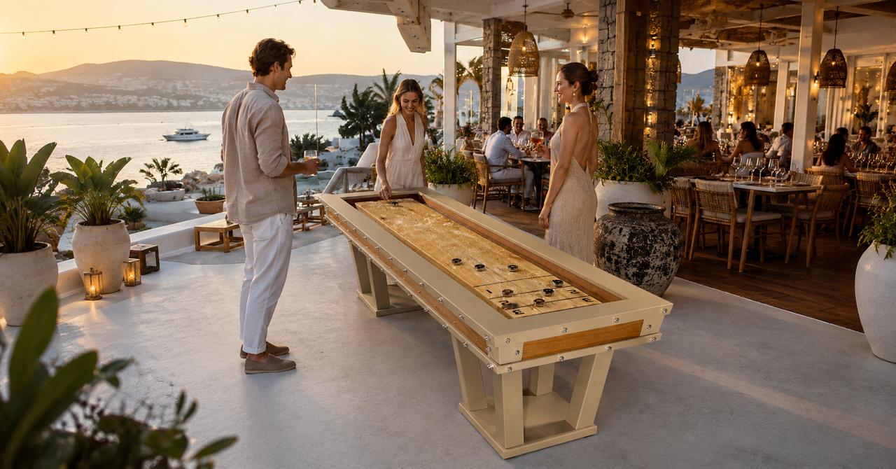 Sahil kulübünde gün batımı: ARCHTWAIN Grand Shuffleboard masasında oynayan üç kişi, arkada Ege ve tekneler